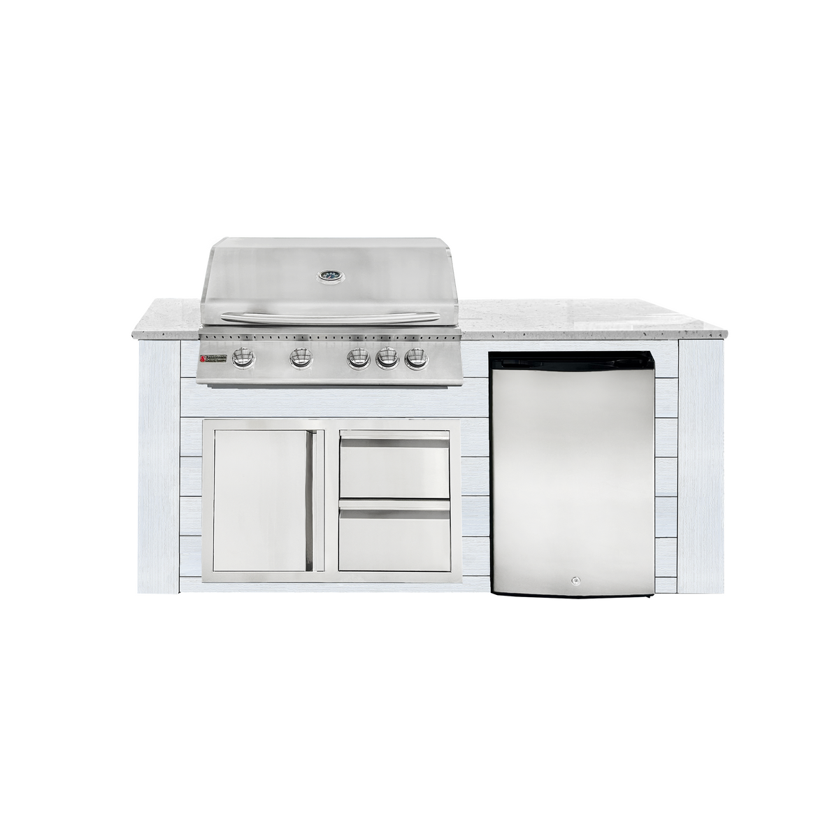 Renaissance Pro-Fit 6-Ft Outdoor Island With White Granite Countertop, White Cabinet, 32" Propane Gas Grill, Left-Swing Double Drawer/Door and Refrigerator