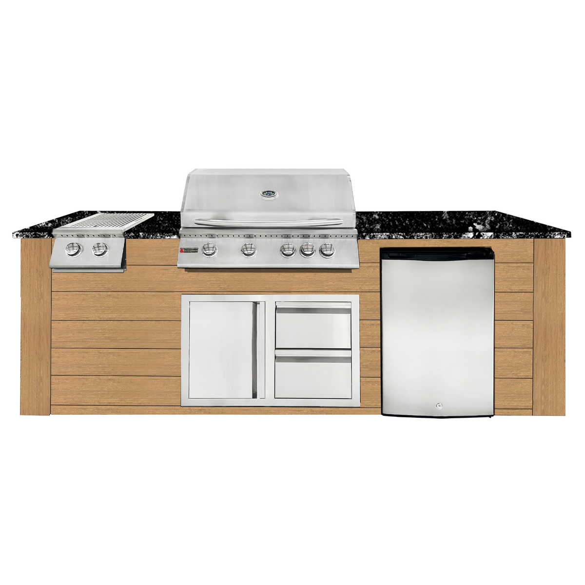 Renaissance Pro-Fit 8-Ft Outdoor Island With Black Granite Countertop, Cedar Cabinet, 32" Propane Gas Grill, Double Side Burner, Left-Swing Double Drawer/Door and Refrigerator