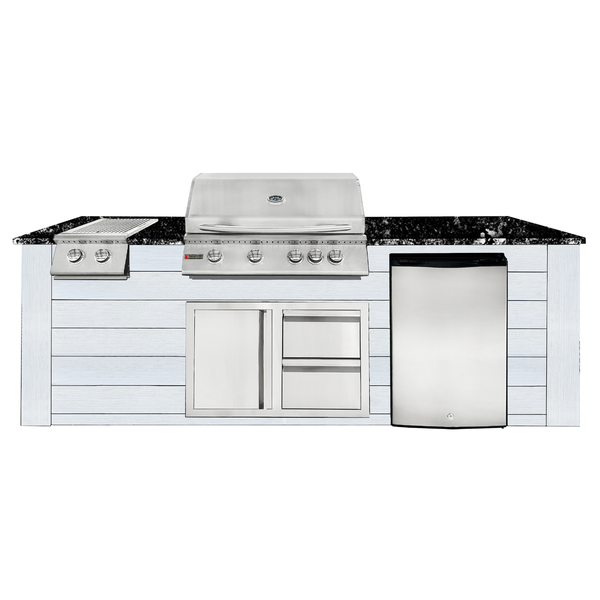 Renaissance Pro-Fit 8-Ft Outdoor Island With Black Granite Countertop, White Cabinet, 32" Natural Gas Grill, Double Side Burner, Left-Swing Double Drawer/Door and Refrigerator