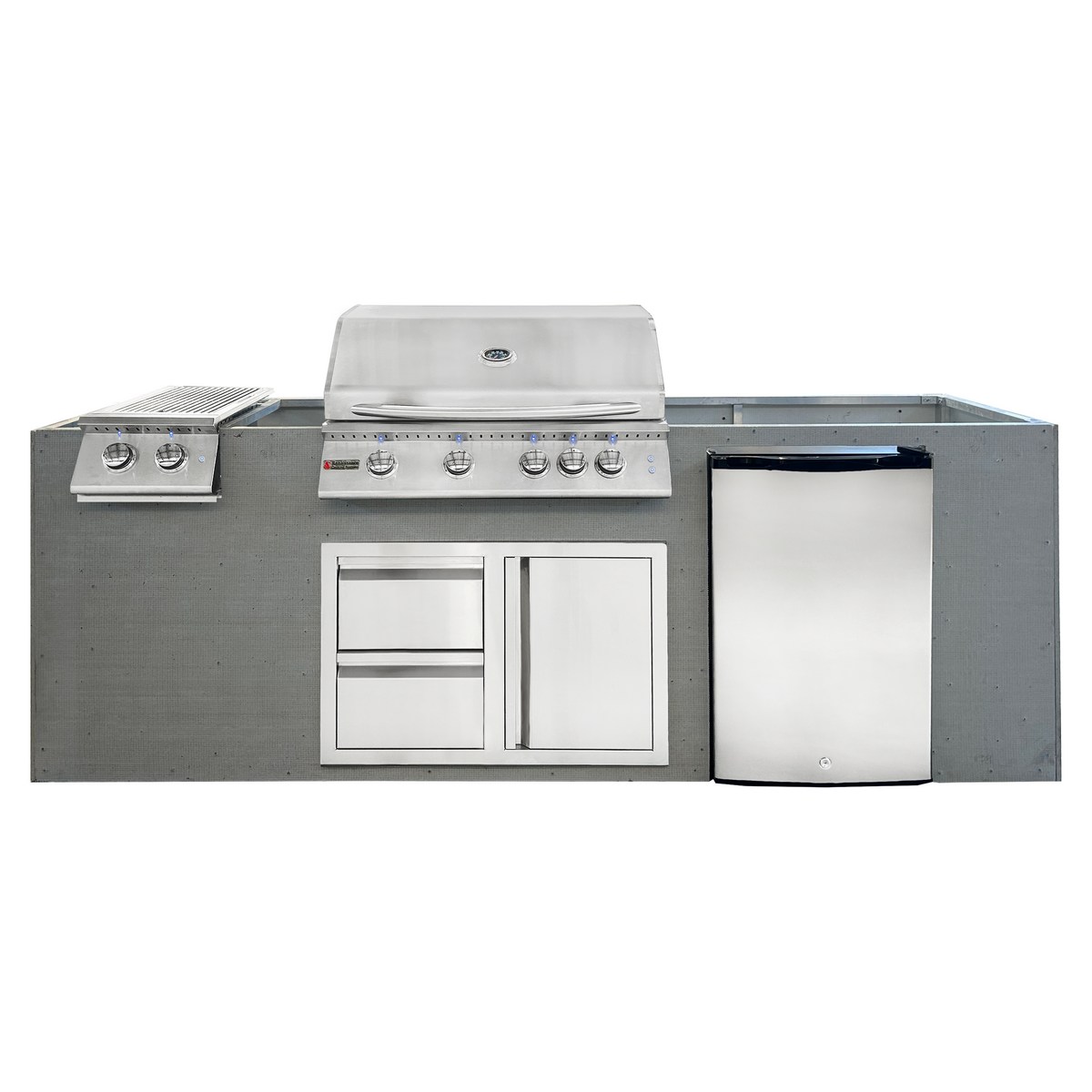 Renaissance Pro-Fit 8-Ft Unfinished Outdoor Island With 32" Natural Gas Grill and Double Side Burner With Lights, Right-Swing Double Drawer/Door and Refrigerator