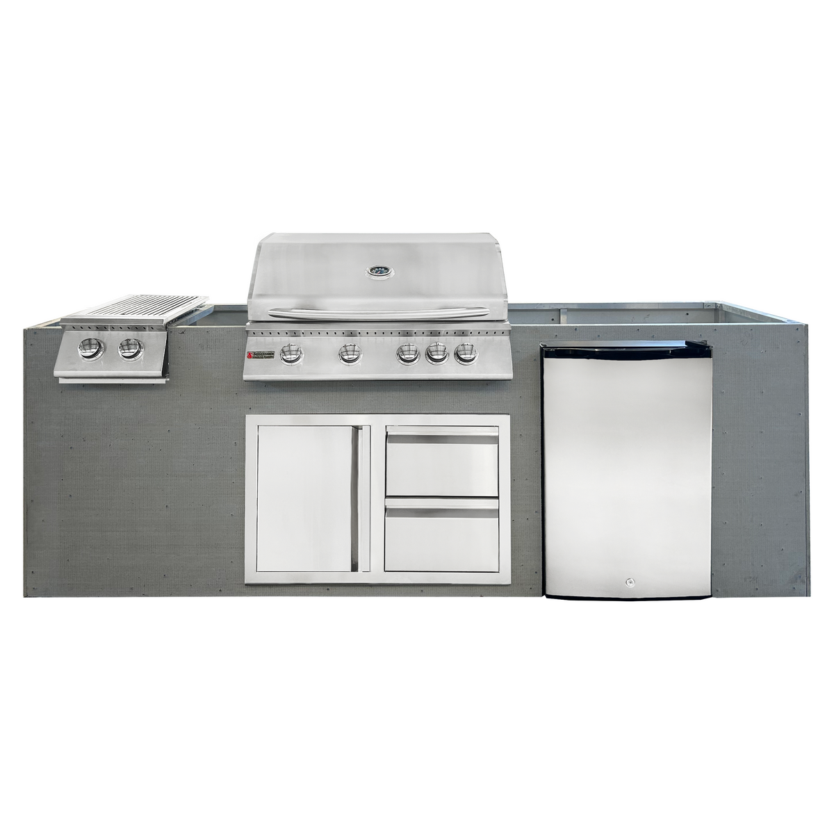 Renaissance Pro-Fit 8-Ft Unfinished Outdoor Island With 32" Propane Gas Grill, Double Side Burner, Left-Swing Double Drawer/Door and Refrigerator