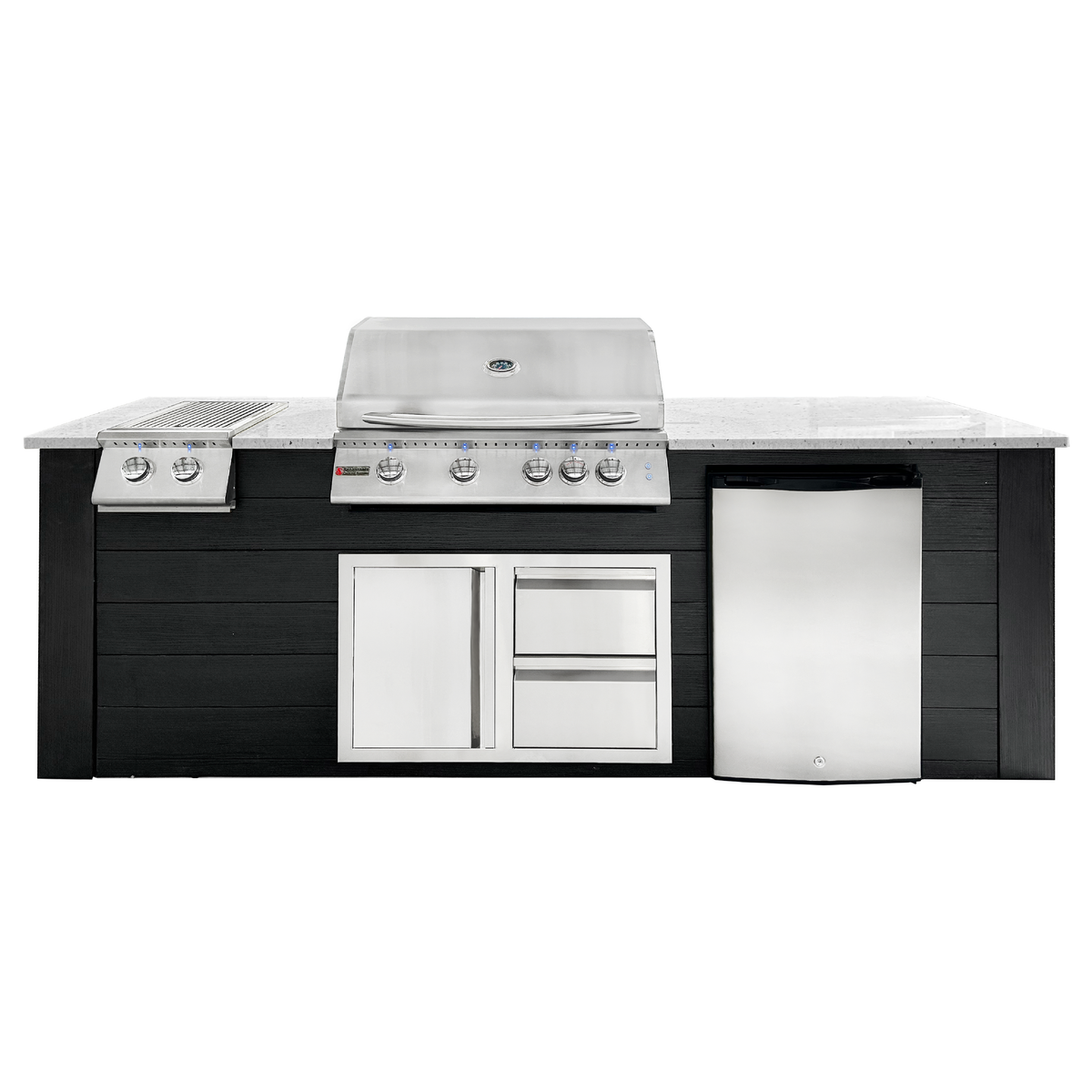 Renaissance Pro-Fit 8-Ft Outdoor Island With White Granite Countertop, Black Cabinet, 32" Natural Gas Grill and Double Side Burner With Lights, Left-Swing Double Drawer/Door and Refrigerator
