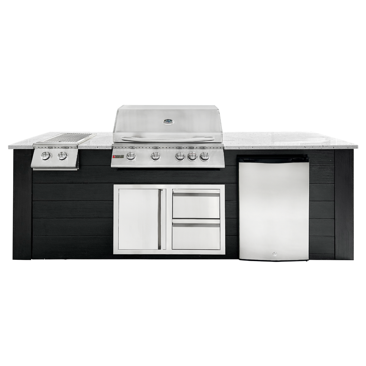 Renaissance Pro-Fit 8-Ft Outdoor Island With White Granite Countertop, Black Cabinet, 32" Propane Gas Grill, Double Side Burner, Left-Swing Double Drawer/Door and Refrigerator