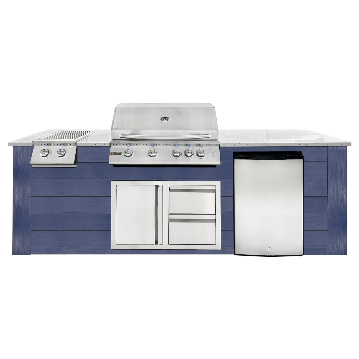 Renaissance Pro-Fit 8-Ft Outdoor Island With White Granite Countertop, Blue Cabinet, 32" Natural Gas Grill and Double Side Burner With Lights, Left-Swing Double Drawer/Door and Refrigerator