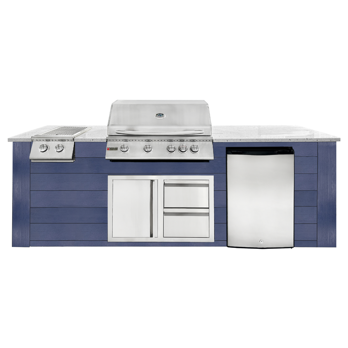 Renaissance Pro-Fit 8-Ft Outdoor Island With White Granite Countertop, Blue Cabinet, 32" Natural Gas Grill, Double Side Burner, Left-Swing Double Drawer/Door and Refrigerator