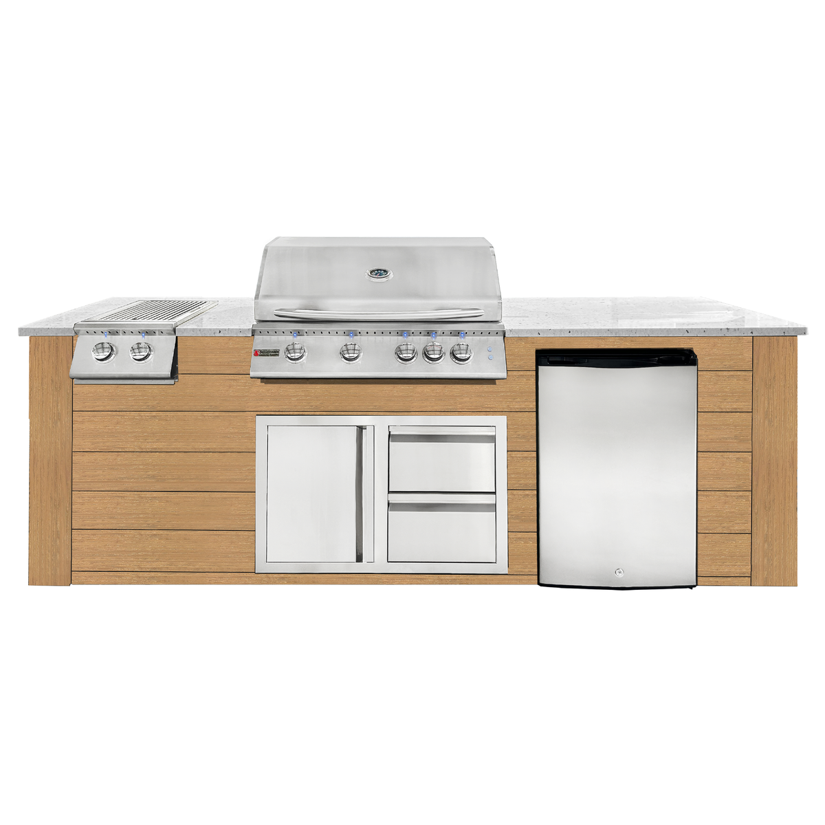Renaissance Pro-Fit 8-Ft Outdoor Island With White Granite Countertop, Cedar Cabinet, 32" Propane Gas Grill and Double Side Burner With Lights, Left-Swing Double Drawer/Door and Refrigerator