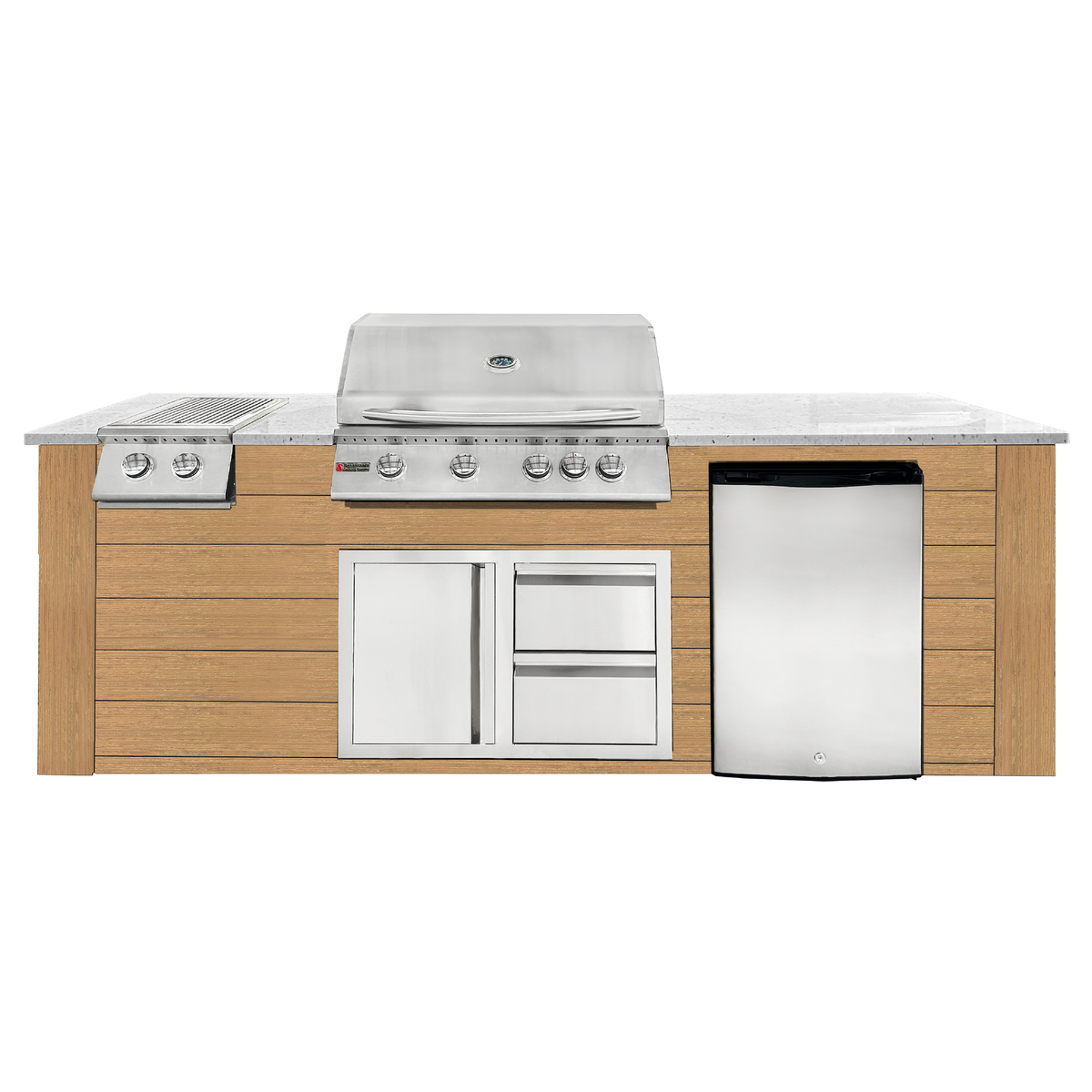 Renaissance Pro-Fit 8-Ft Outdoor Island With White Granite Countertop, Cedar Cabinet, 32" Natural Gas Grill, Double Side Burner, Left-Swing Double Drawer/Door and Refrigerator