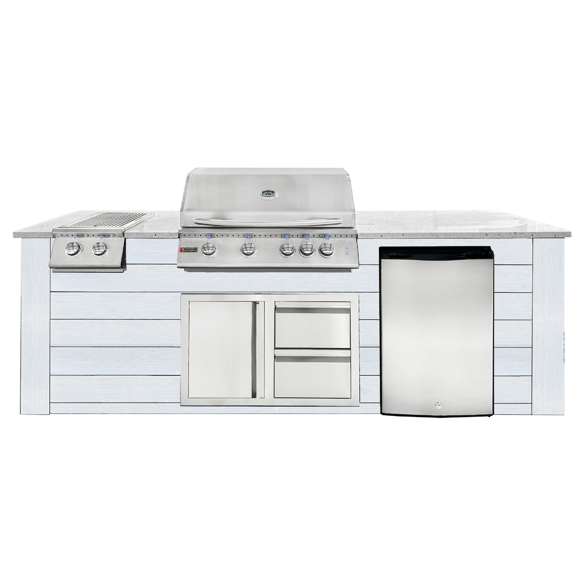 Renaissance Pro-Fit 8-Ft Outdoor Island With White Granite Countertop, White Cabinet, 32" Natural Gas Grill and Double Side Burner With Lights, Left-Swing Double Drawer/Door and Refrigerator