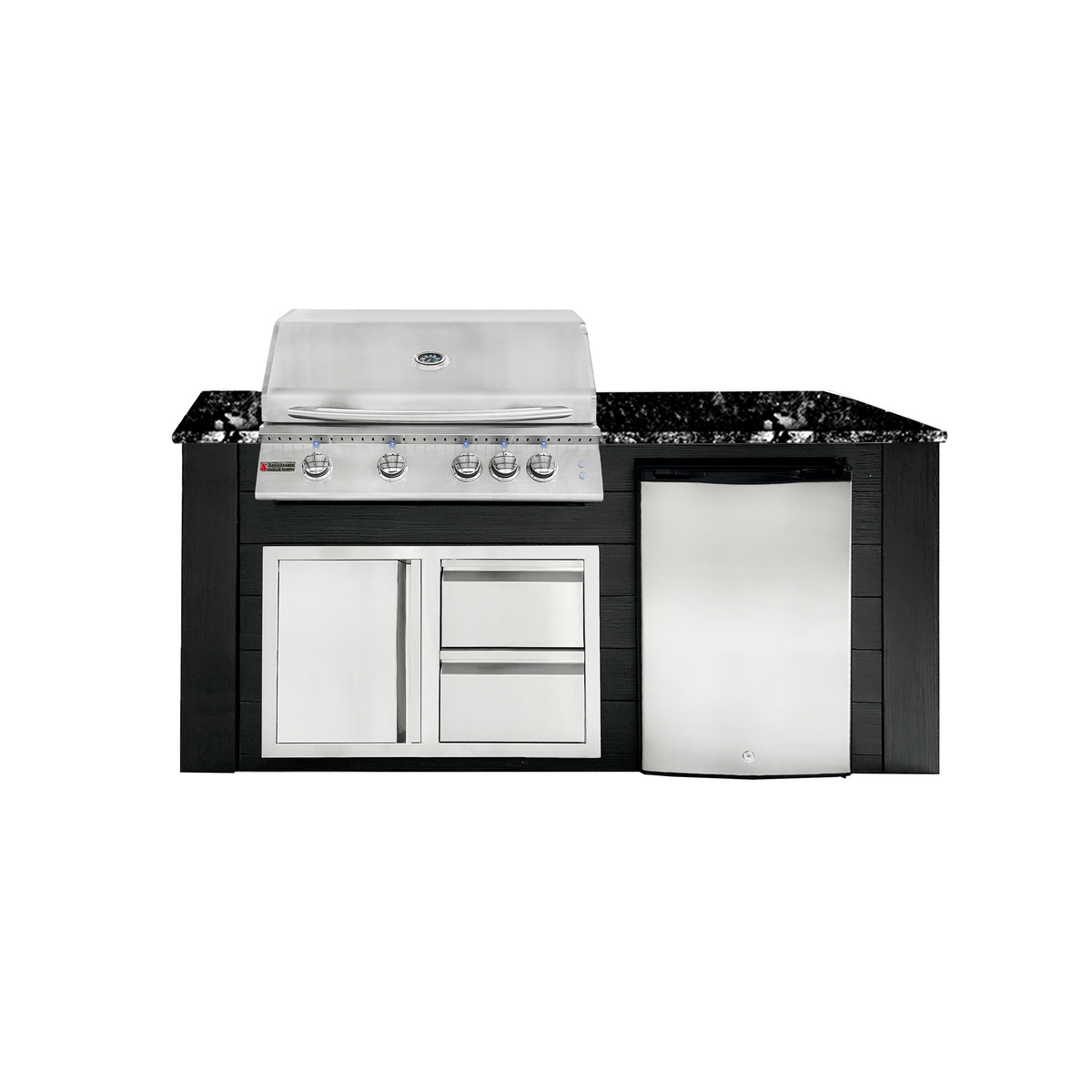 Renaissance Pro-Fit 6-Ft Outdoor Island With Black Granite Countertop, Black Cabinet, 32" Natural Gas Grill With Lights, Left-Swing Double Drawer/Door and Refrigerator