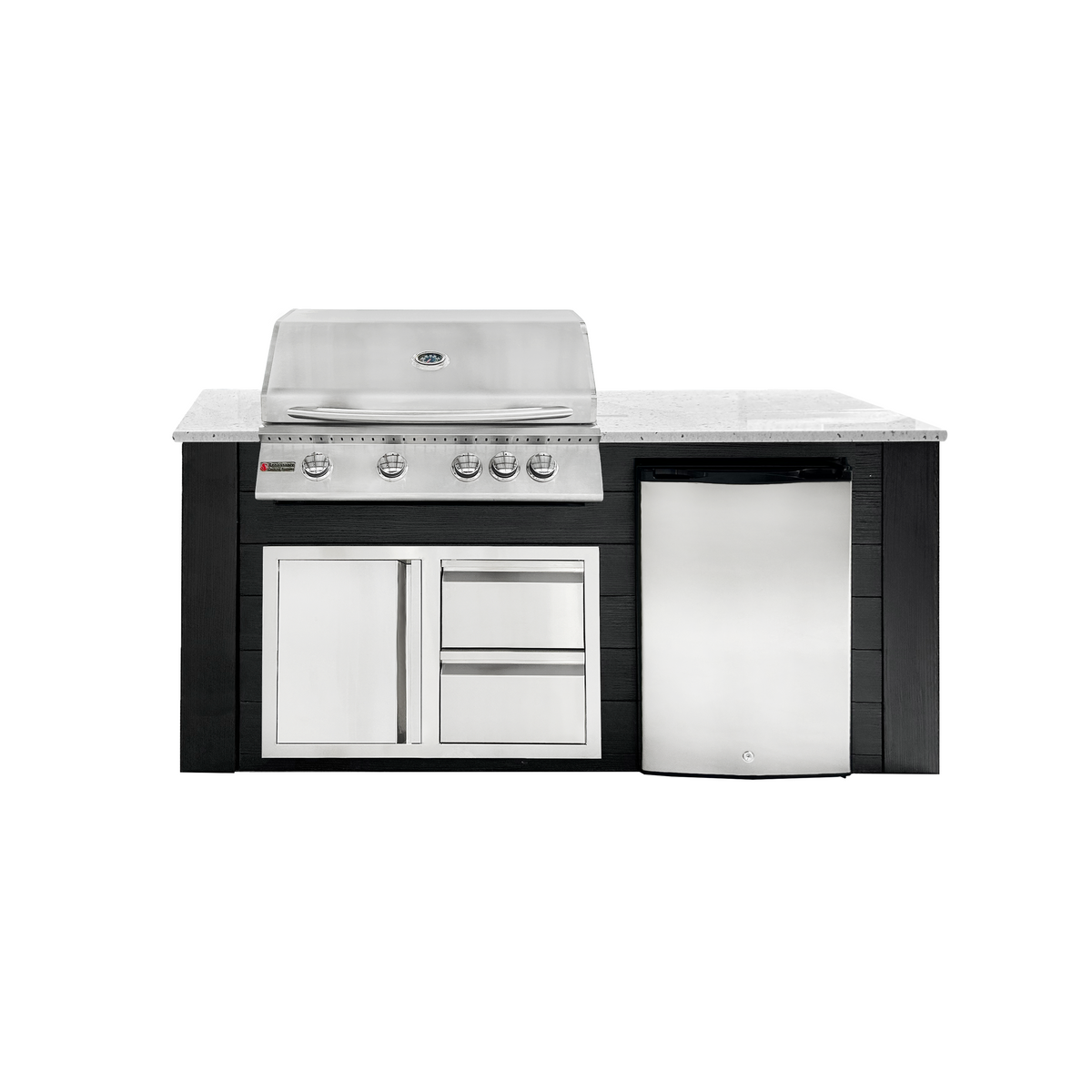 Renaissance Pro-Fit 6-Ft Outdoor Island With White Granite Countertop, Black Cabinet, 32" Natural Gas Grill, Left-Swing Double Drawer/Door and Refrigerator