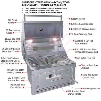 Sunstone 30" Stainless Steel Gas-Hybrid 2 Burner Charcoal/Wood Burning Propane Grill with IR Burner