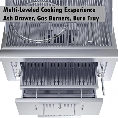 Sunstone 30" Stainless Steel Gas-Hybrid 2 Burner Charcoal/Wood Burning Propane Grill with IR Burner