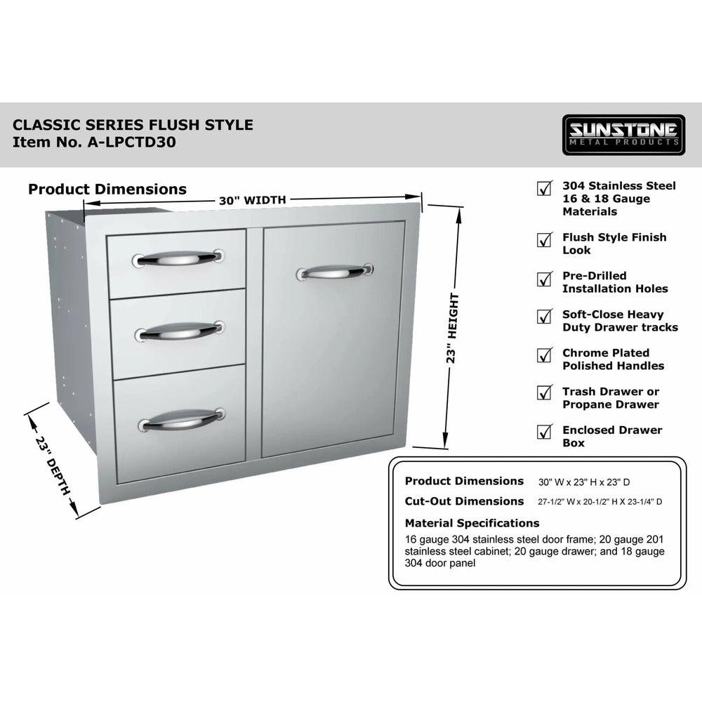 Sunstone Classic Series 30" Stainless Steel Tank Tray Triple Drawer Combo
