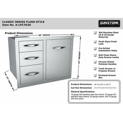Sunstone Classic Series 30" Stainless Steel Tank Tray Triple Drawer Combo
