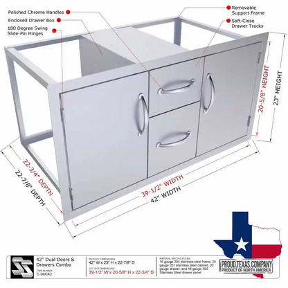 Sunstone Classic Series 42" Stainless Steel Flush Style Double Drawer and Door Combo