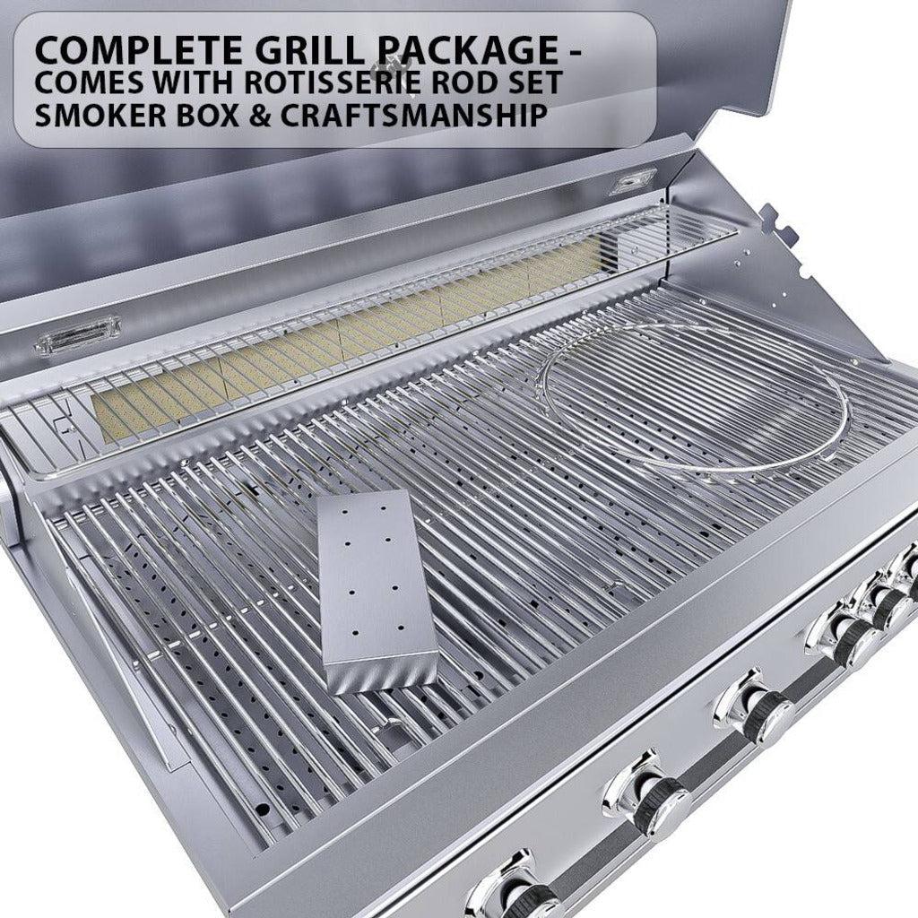 Sunstone Ruby Series 42" 5-Burner Pro-Sear Stainless Steel Drop-In Natural Gas Gas Grill with IR Burner, Rotisserie and LED Lights