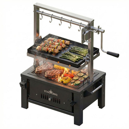 Sunstone StarBBQ 24" Charcoal Griller Base with Santa Maria Rim & the Raised Sear Rim Insert & ExGrate Cooking Grate on BBQ Cart