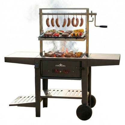 Sunstone StarBBQ 24" Charcoal Griller Base with Santa Maria Rim & the Raised Sear Rim Insert & ExGrate Cooking Grate on BBQ Cart