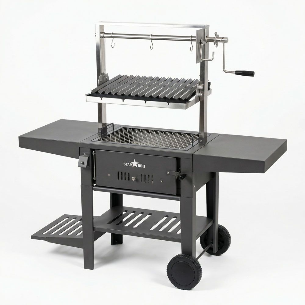 Sunstone StarBBQ 24" Charcoal Griller Base with Santa Maria Rim & the Raised Sear Rim Insert & ExGrate Cooking Grate on BBQ Cart