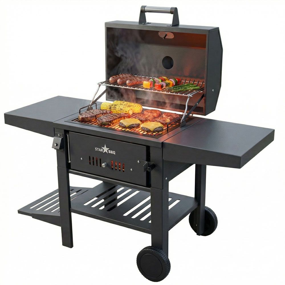 Sunstone StarBBQ 24" Charcoal Griller Base with Smoker Hood, ExGrate Rim Insert Cooking Grate & BBQ Cart