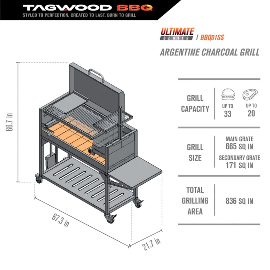 Tagwood BBQ 67" BBQ01SS All Stainless Steel Argentine Santa Maria Wood Fire & Charcoal Grill w/ Top Lid