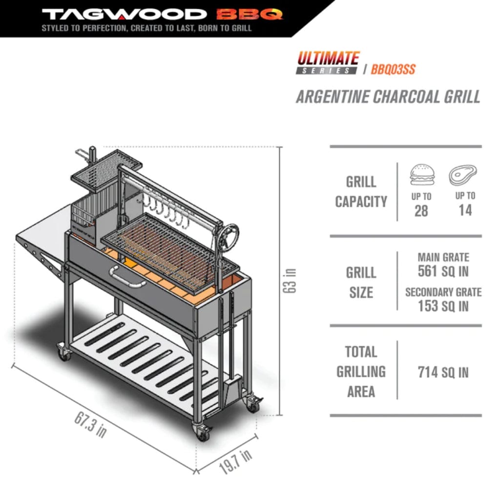 Tagwood BBQ Argentine Santa Maria BBQ03SS 68" Stainless Steel Wood Fire and Charcoal Gaucho Grill