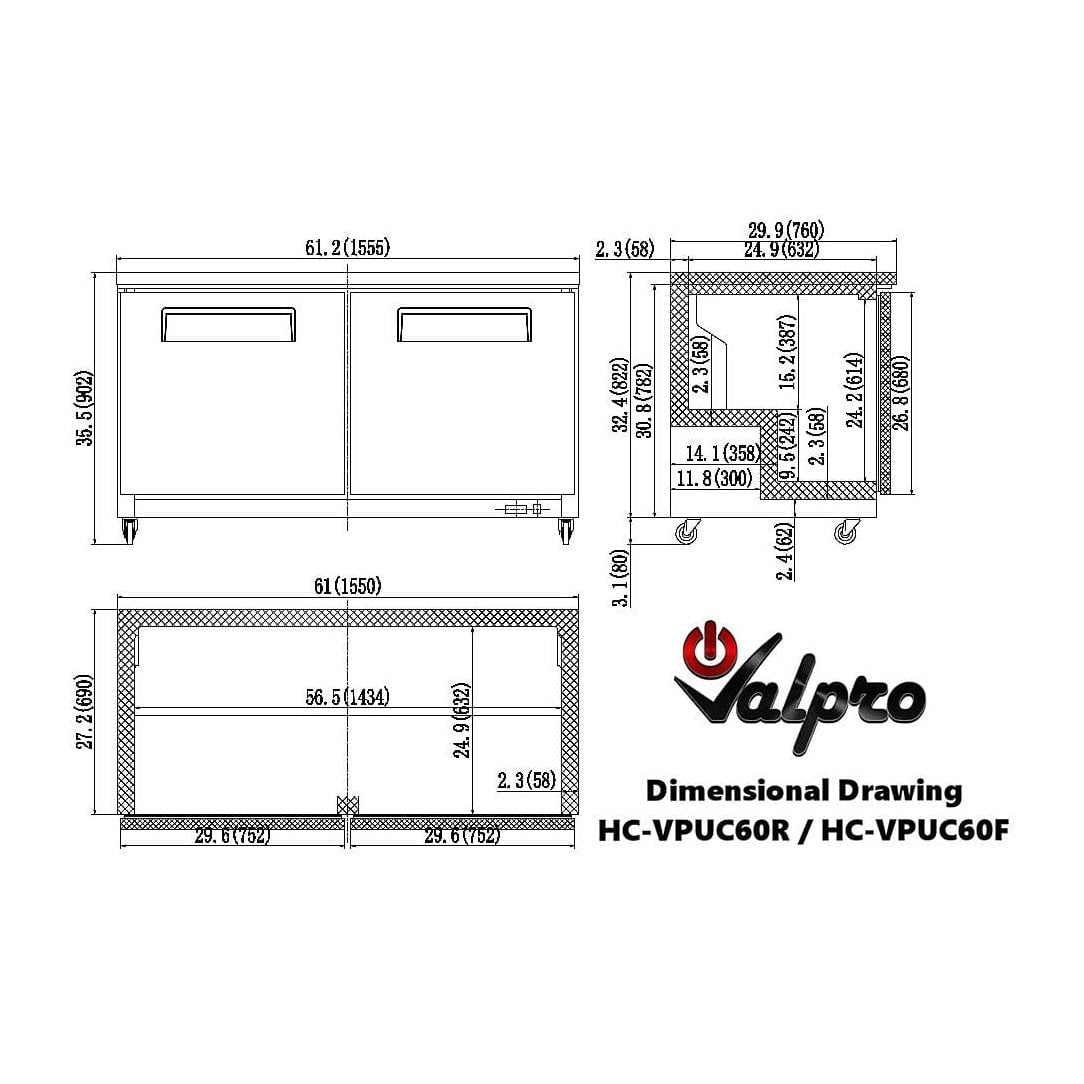 Valpro 16 cu.ft. 61" Stainless Steel Solid 2-Door Under-Counter Freezer
