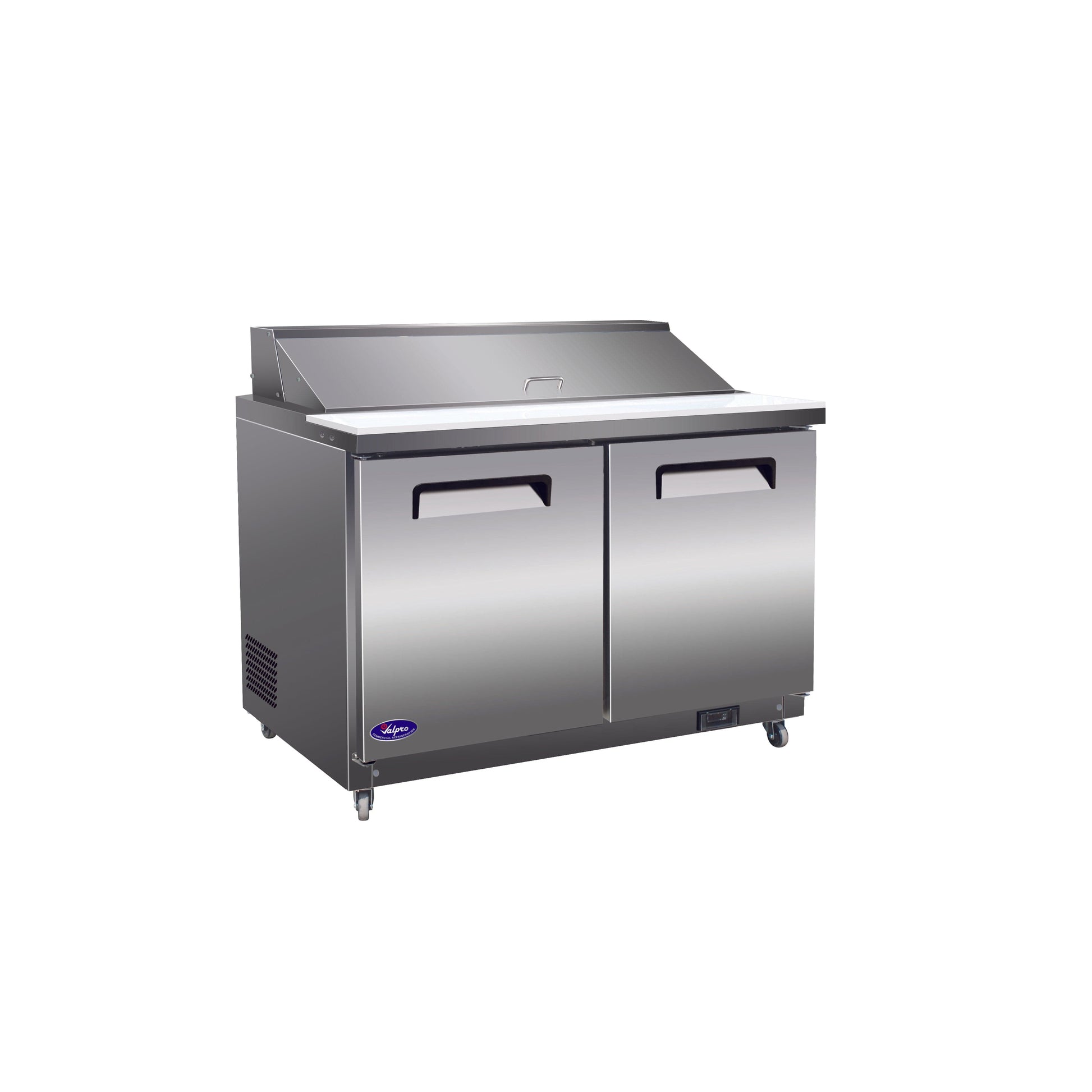 Valpro 48" x 30" Stainless Steel Solid 2-Door Refrigerator With 12-Pan Food Preparation Standard Table Top