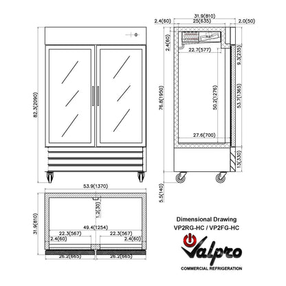 Valpro 49 cu.ft. Stainless Steel Reach-In Glass 2-Door Refrigerator
