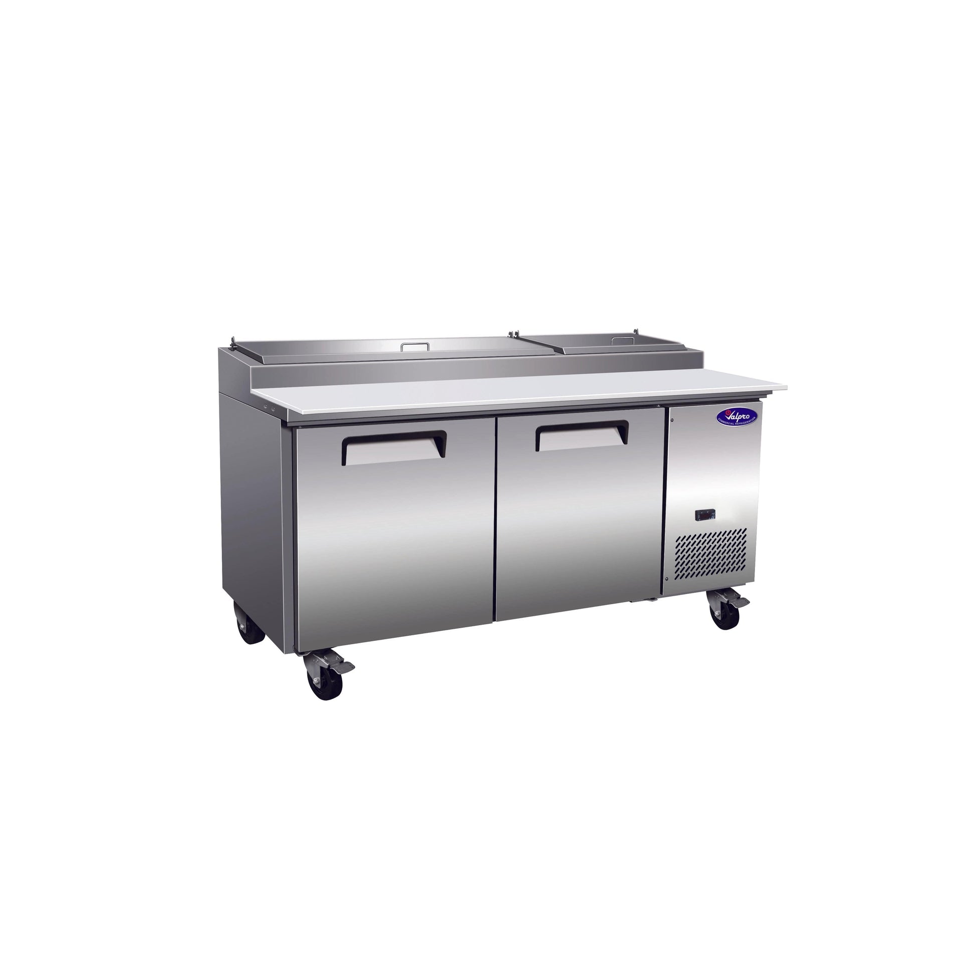 Valpro 71" x 32" Stainless Steel Solid 2-Door Refrigerator With 9-Pan Pizza Preparation Table Top
