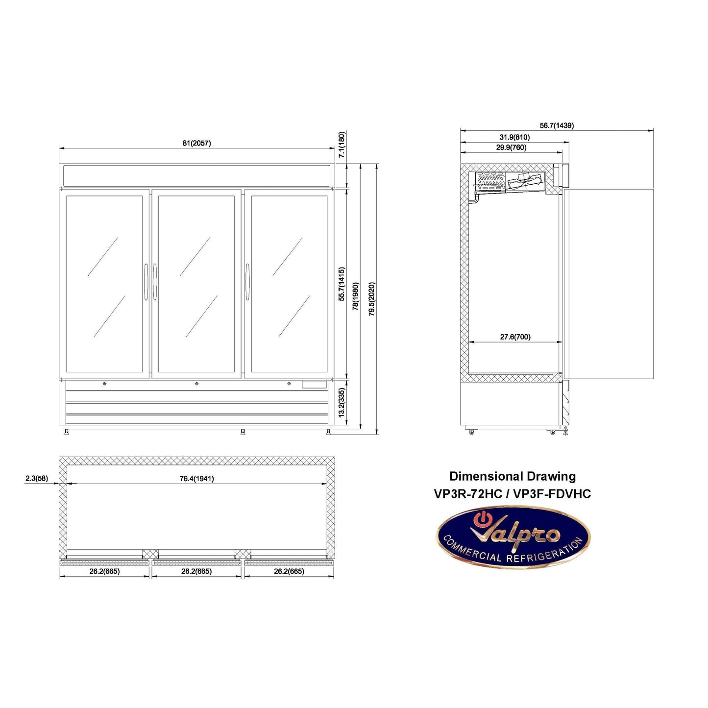 Valpro 72 cu.ft. Merchandiser Refrigerator With 3 Swing Glass Doors