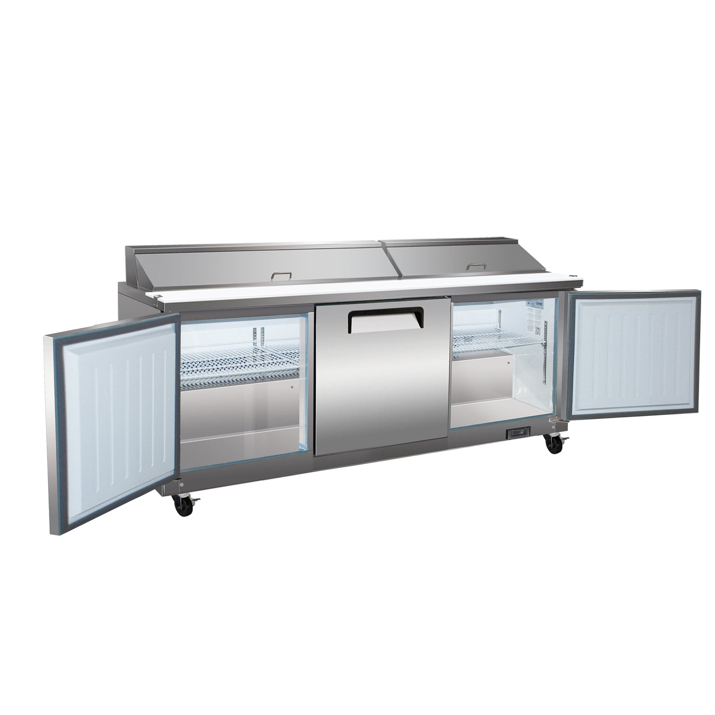 Valpro 72" x 30" Stainless Steel Solid 3-Door Refrigerator With 18-Pan Food Preparation Standard Table Top