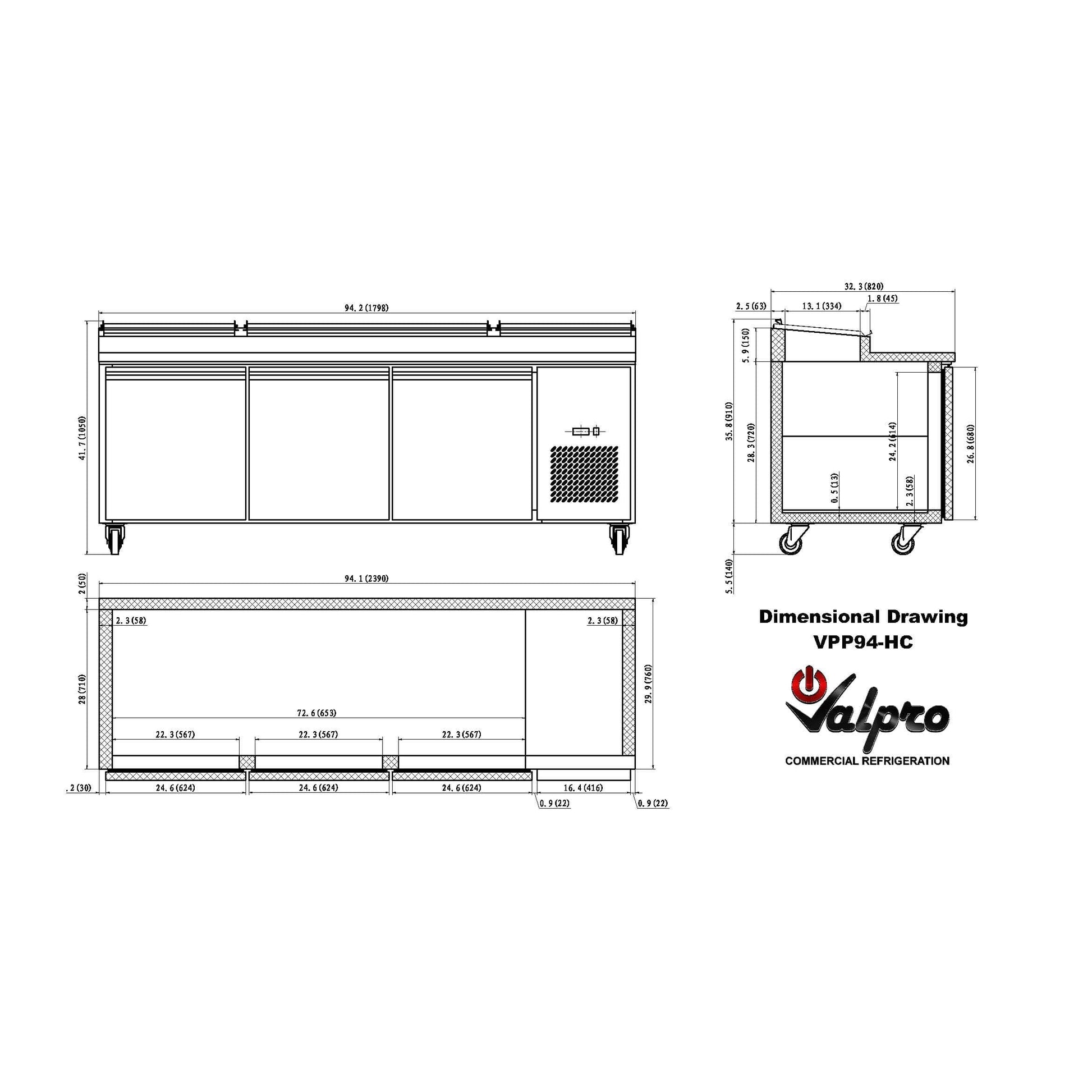 Valpro 94" x 32" Stainless Steel Solid 3-Door Refrigerator With 12-Pan Pizza Preparation Table Top