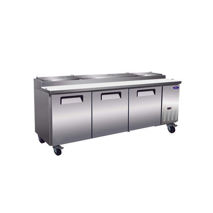 Valpro 94" x 32" Stainless Steel Solid 3-Door Refrigerator With 12-Pan Pizza Preparation Table Top